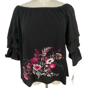 INC International Concepts Black Off Shoulder Embroidered Floral Ruffled Top